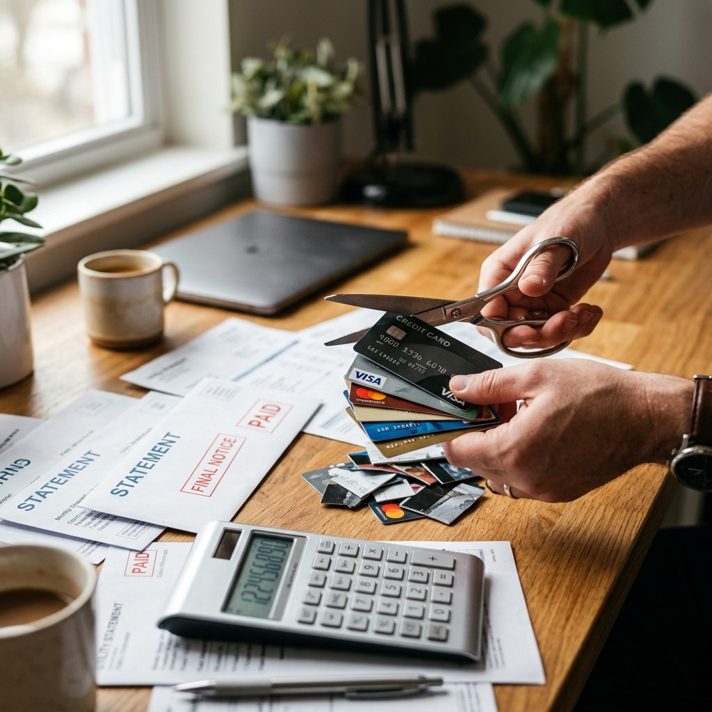 Person cutting up credit cards to become debt free