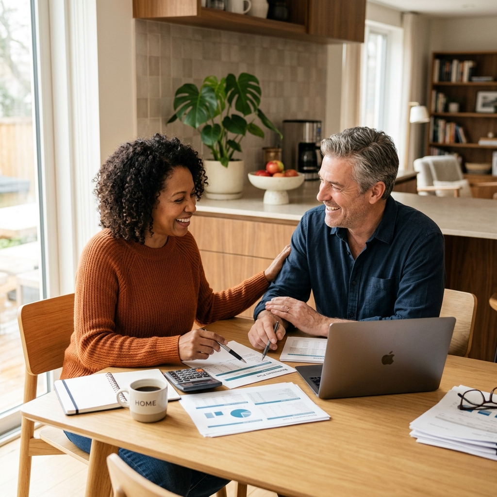 A couple reviewing their finances and feeling relieved about their debt relief options