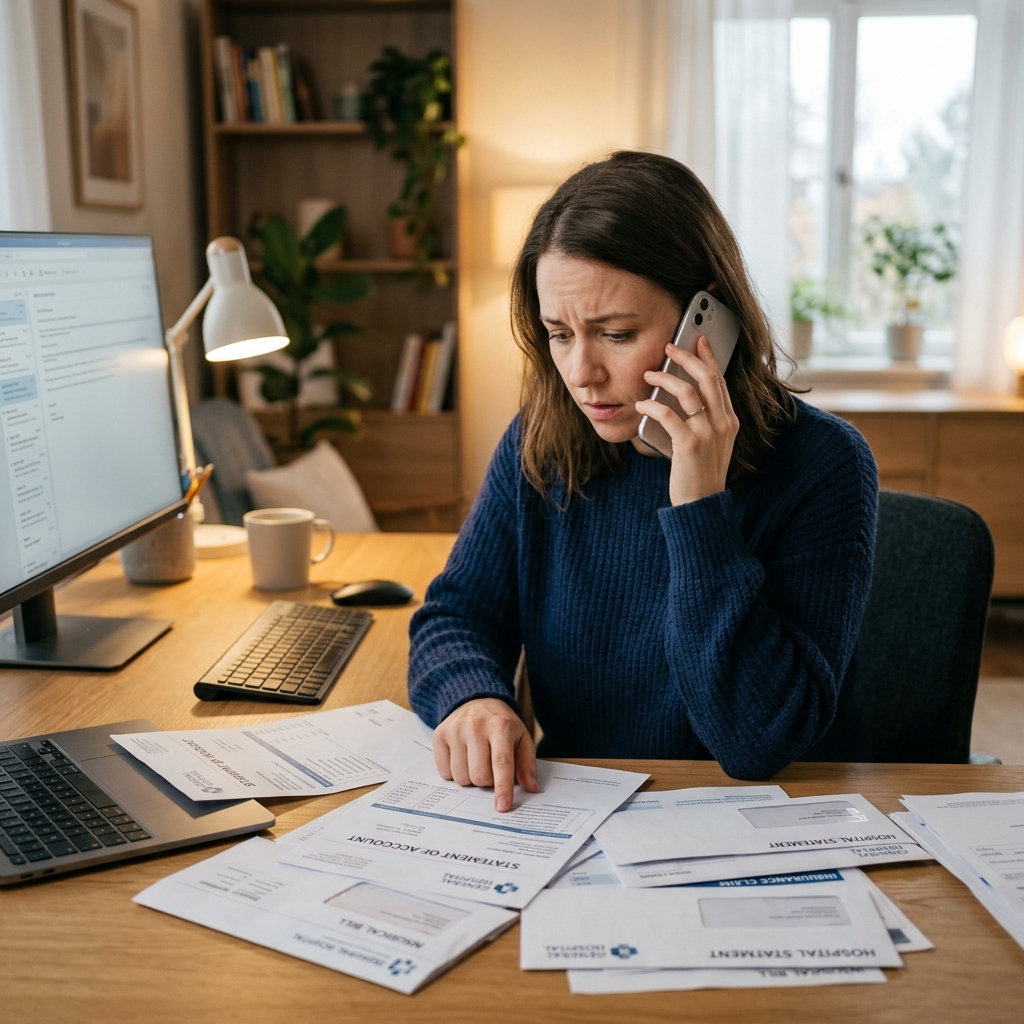 Woman reviewing medical bills and considering debt relief options